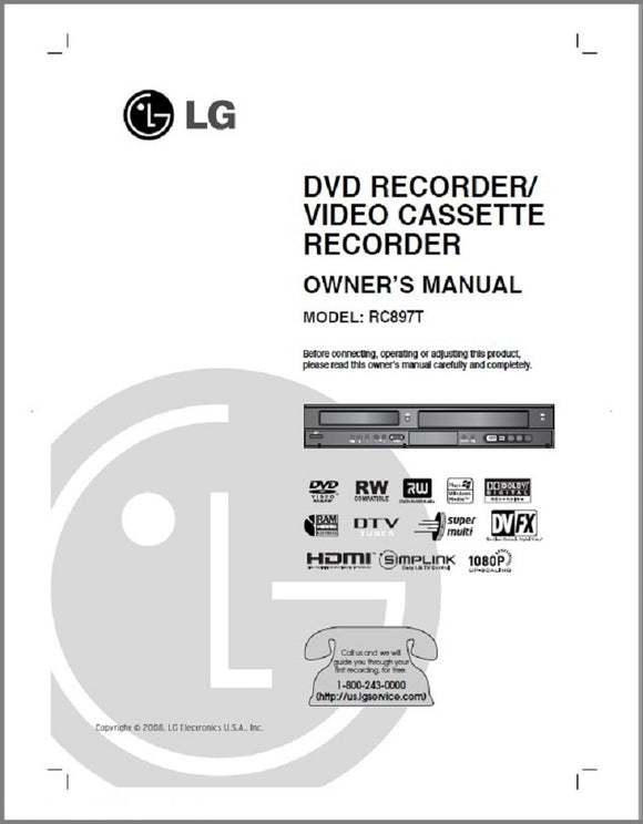 LG RC897T DVD Recorder Paper Printed Manual