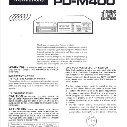 Pioneer PD-M400 CD Player Owners Instruction Manual