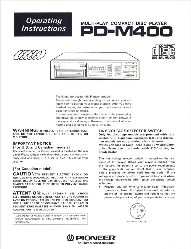 Pioneer PD-M400 CD Player Owners Instruction Manual