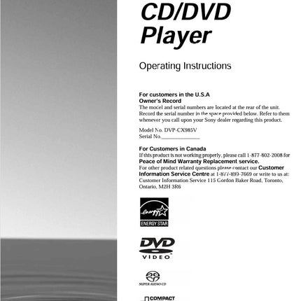 Sony DVP-CX985V CD DVD Player Instruction Manual