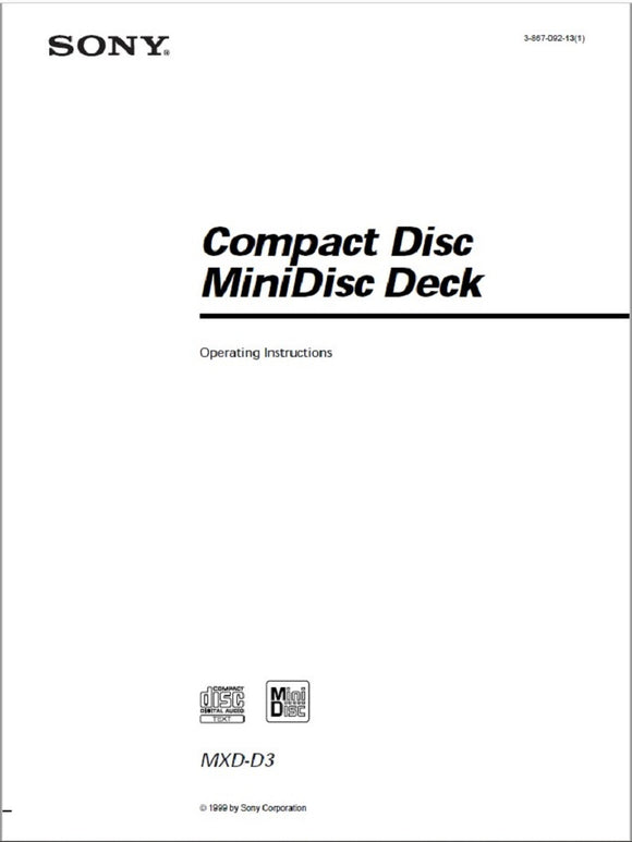 Sony MXD-D3 MiniDisc Paper Printed Manual