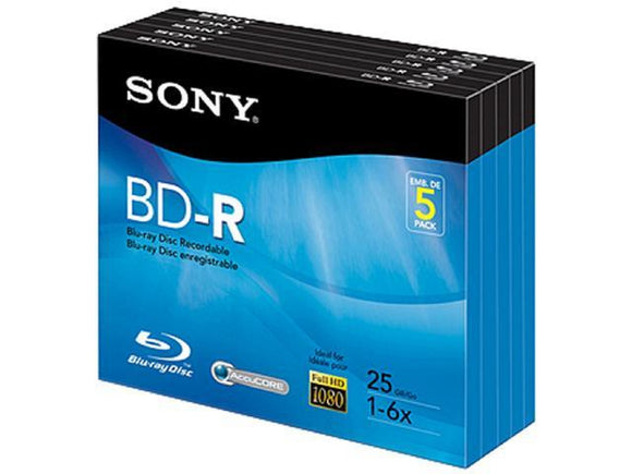 Sony Blu-ray Recordable Media Discs BD-R 6x 25 GB - 5 Pack Jewel Case BNR25R3H