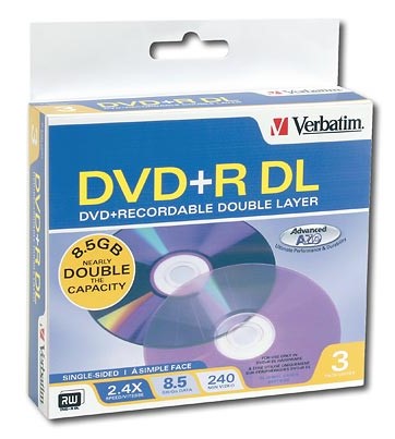 Verbatim - DVD Recordable Media - DVD+R DL - 2.4x - 8.50 GB - 3 Pack Jewel Case